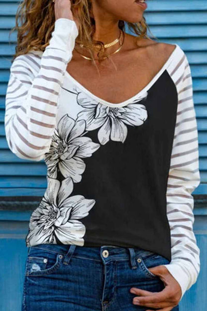 Casual Print Patchwork V Neck Tops