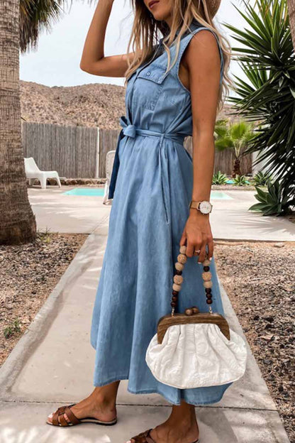 vzYzv vzyzv Sleeveless Lace-Up Single-Breasted Denim Midi Dress