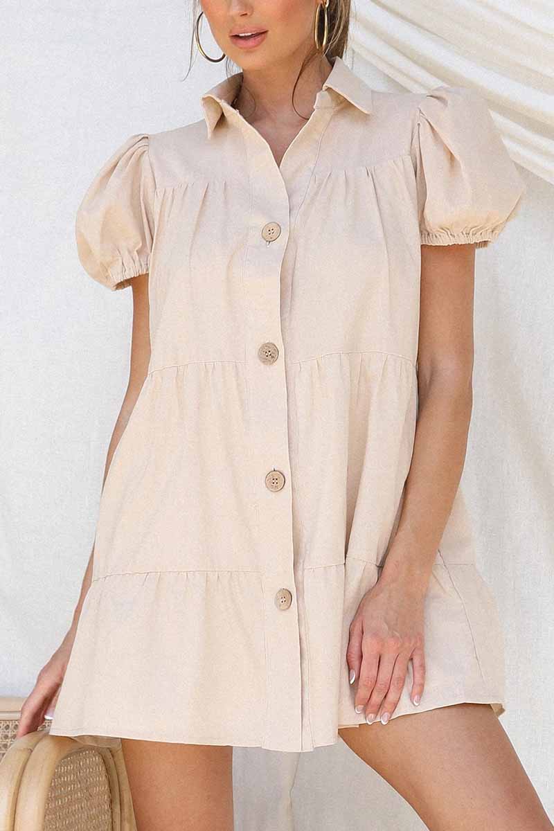 vzYzv vzyzv Loose Lantern Sleeve Pleated Single Breasted Mini Dress