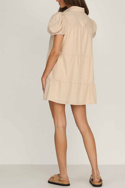 vzYzv vzyzv Loose Lantern Sleeve Pleated Single Breasted Mini Dress