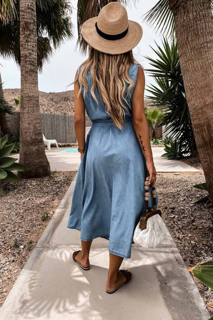 vzYzv vzyzv Sleeveless Lace-Up Single-Breasted Denim Midi Dress