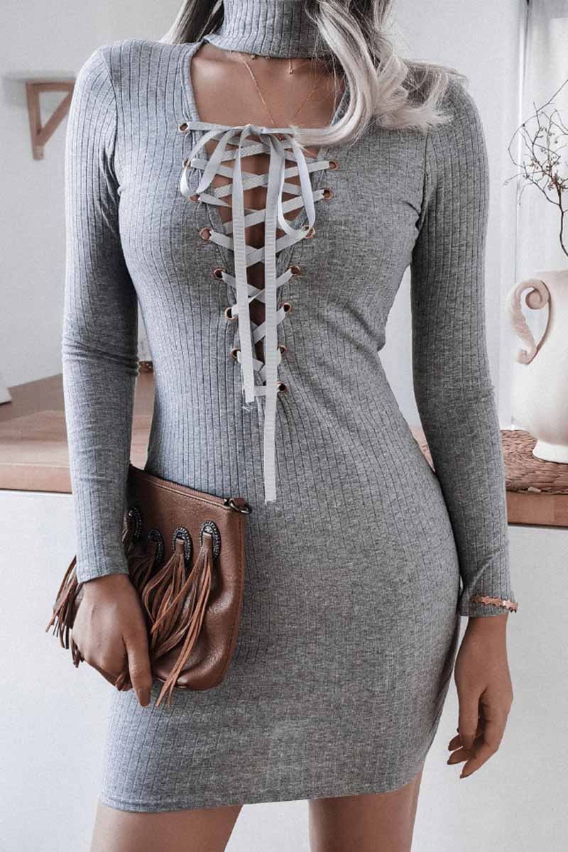 vzYzv vzyzv Halter Neck Deep V Knitted Bag Hip Mini Dress