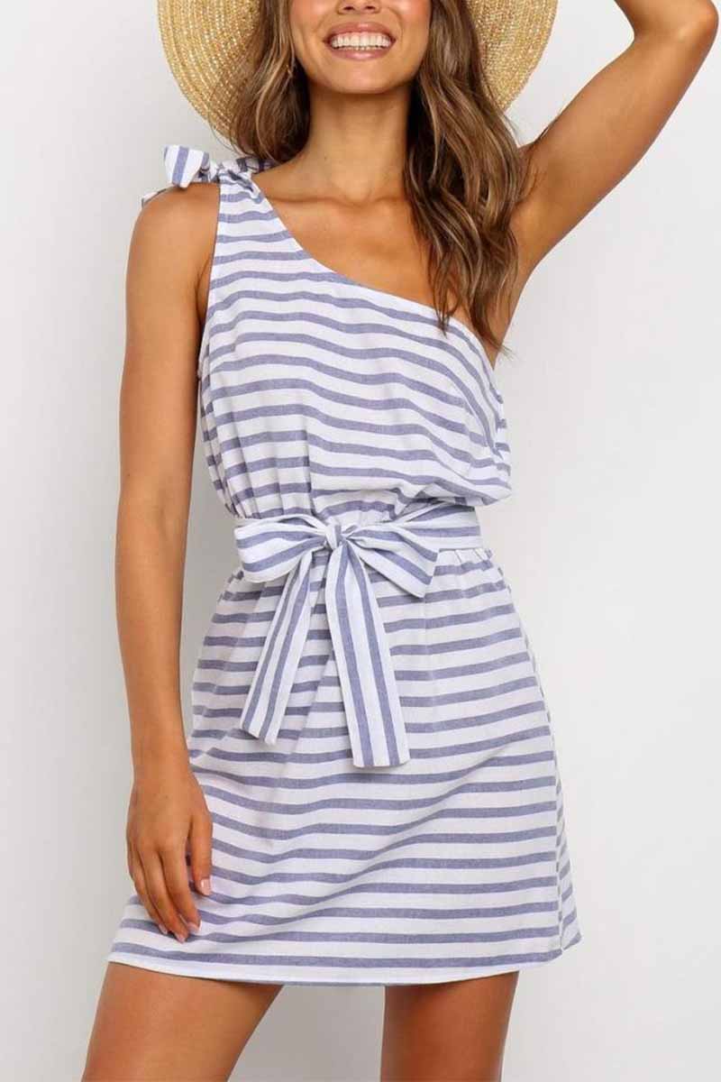 vzYzv vzyzv Summer Sexy One-Shoulder Lace-Up Stripes Mini Dress