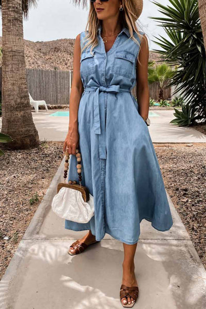 vzYzv vzyzv Sleeveless Lace-Up Single-Breasted Denim Midi Dress