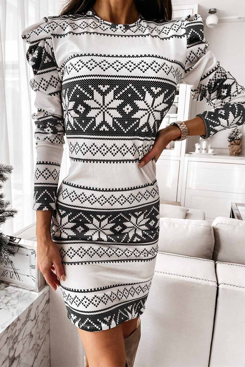 vzYzv vzyzv White Print Long Sleeves Mini Dress