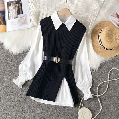 vzyzv  spring autumn women's lantern sleeve shirt knitted vest two piece sets of College style waistband vest two sets top UK900