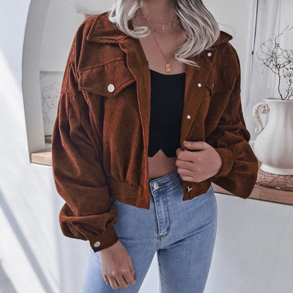 vzyzv  New Long Sleeve Women Corduroy Short Jacket Solid Color Button Pocket Crop Coat Long Puff Sleeve Outwear Pockets Top