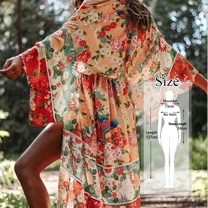 vzyzv  Bikini Cover-ups Bohemian Printed Long Kimono Cardigan Plus Size Chiffon Tunic Women Beach Wear Swim Suit Cover Up Q912