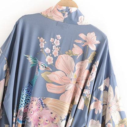 vzyzv  Spring Summer Bohemian V neck Peacock Flower Print Long Kimono Shirt Ethnic New Lacing up Sashes Long Cardigan Loose Blouse