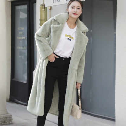 vzyzv  New Women Winter Warm Faux Fur Coat Thick Women Long Coat Turn Down Collar Women Warm Coat With Belt Casaco Feminino