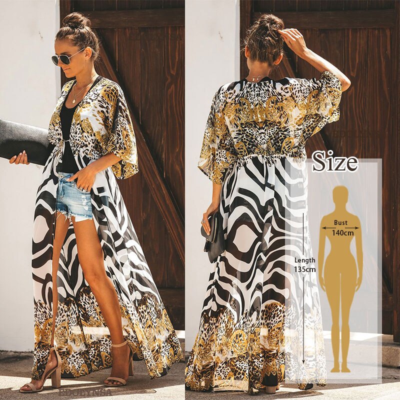 vzyzv  Bikini Cover-ups Bohemian Printed Long Kimono Cardigan Plus Size Chiffon Tunic Women Beach Wear Swim Suit Cover Up Q912