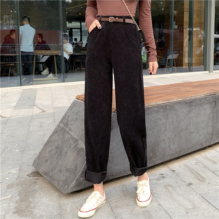 vzyzv Spring New Women's Casual Loose Corduroy Wide Leg Pants Fashion Full Length Trousers With Sashes Female Bottoms B01308O