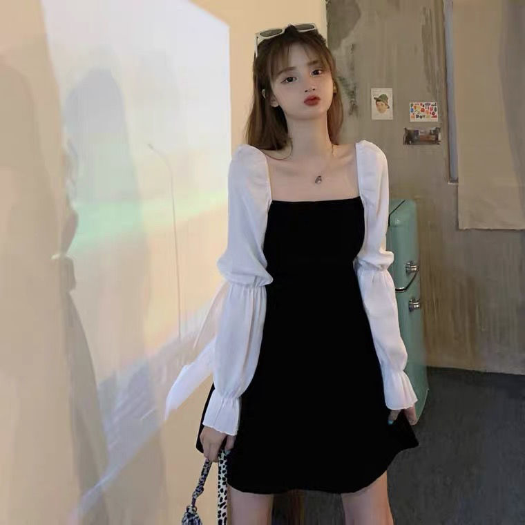 vzyzv  square neck tie waist dress Korean style high waist slim slim a-line halter skirt female summer dress plus size dress