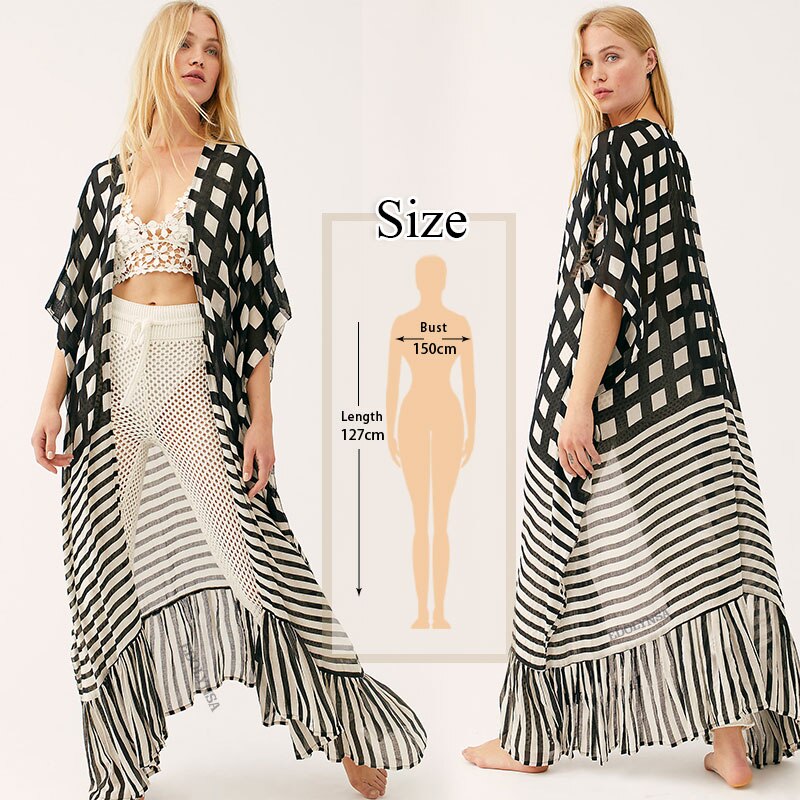 vzyzv  Bikini Cover-ups Bohemian Printed Long Kimono Cardigan Plus Size Chiffon Tunic Women Beach Wear Swim Suit Cover Up Q912