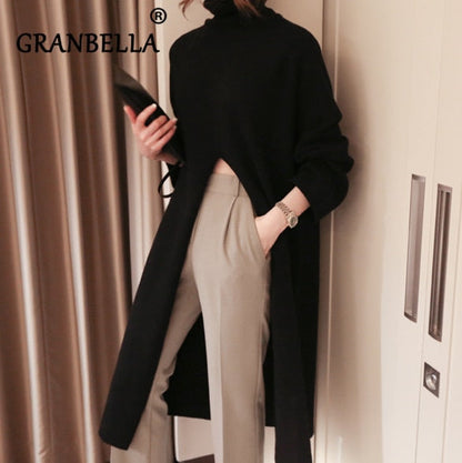 vzyzv  Korean Style Turtleneck Long fall winter Sweater Dress Side split Female Pullover mujer sueteres