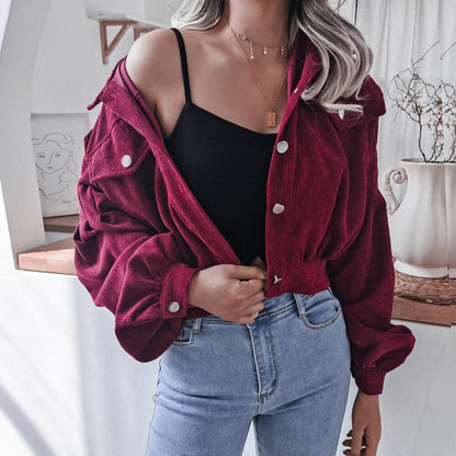 vzyzv  New Long Sleeve Women Corduroy Short Jacket Solid Color Button Pocket Crop Coat Long Puff Sleeve Outwear Pockets Top