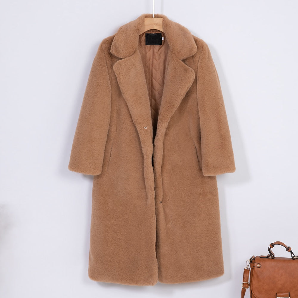 vzyzv  New Women Winter Warm Faux Fur Coat Thick Women Long Coat Turn Down Collar Women Warm Coat With Belt Casaco Feminino