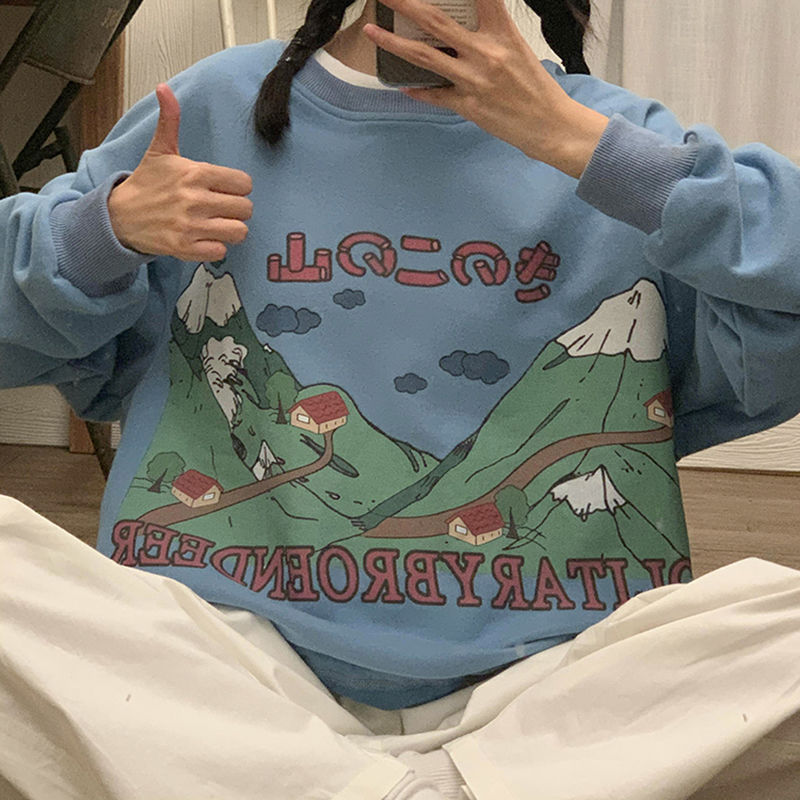 vzyzv  New Japanese Harajuku Pullover Women's Oversized Hoodie Blue Long Sleeve Round Neck Cartoon Print Retro Sweatshirt