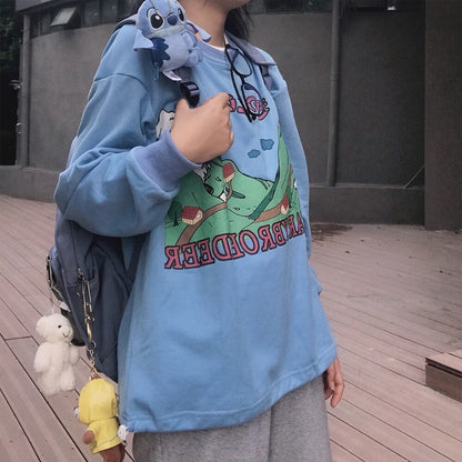 vzyzv  New Japanese Harajuku Pullover Women's Oversized Hoodie Blue Long Sleeve Round Neck Cartoon Print Retro Sweatshirt