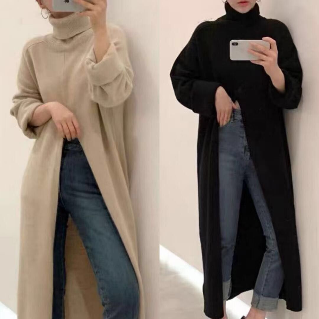 vzyzv  Korean Style Turtleneck Long fall winter Sweater Dress Side split Female Pullover mujer sueteres