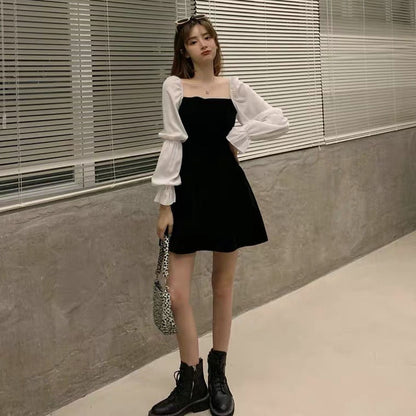 vzyzv  square neck tie waist dress Korean style high waist slim slim a-line halter skirt female summer dress plus size dress