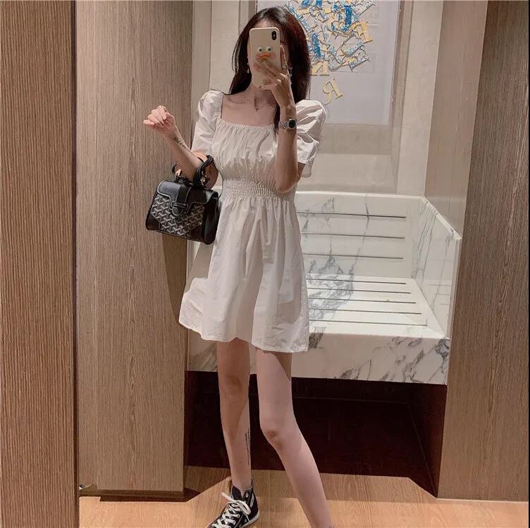 vzyzv  square neck tie waist dress Korean style high waist slim slim a-line halter skirt female summer dress plus size dress