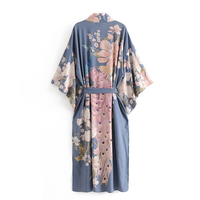 vzyzv  Spring Summer Bohemian V neck Peacock Flower Print Long Kimono Shirt Ethnic New Lacing up Sashes Long Cardigan Loose Blouse