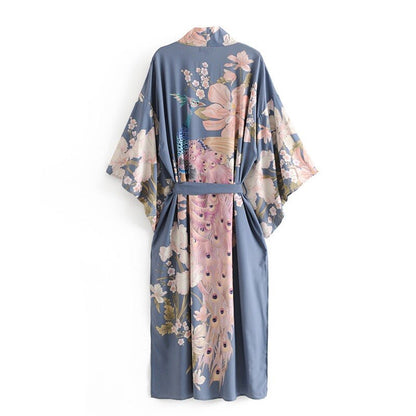 vzyzv  Spring Summer Bohemian V neck Peacock Flower Print Long Kimono Shirt Ethnic New Lacing up Sashes Long Cardigan Loose Blouse