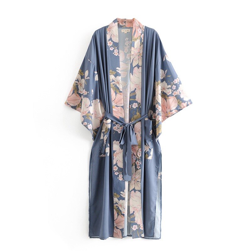 vzyzv  Spring Summer Bohemian V neck Peacock Flower Print Long Kimono Shirt Ethnic New Lacing up Sashes Long Cardigan Loose Blouse