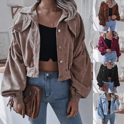 vzyzv  New Long Sleeve Women Corduroy Short Jacket Solid Color Button Pocket Crop Coat Long Puff Sleeve Outwear Pockets Top