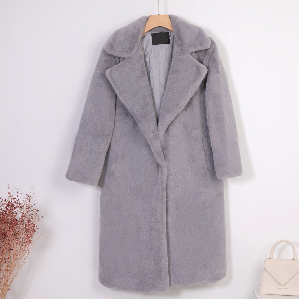 vzyzv  New Women Winter Warm Faux Fur Coat Thick Women Long Coat Turn Down Collar Women Warm Coat With Belt Casaco Feminino