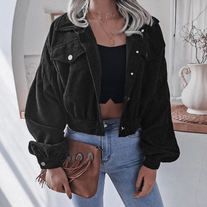 vzyzv  New Long Sleeve Women Corduroy Short Jacket Solid Color Button Pocket Crop Coat Long Puff Sleeve Outwear Pockets Top