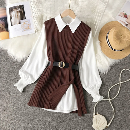 vzyzv  spring autumn women's lantern sleeve shirt knitted vest two piece sets of College style waistband vest two sets top UK900