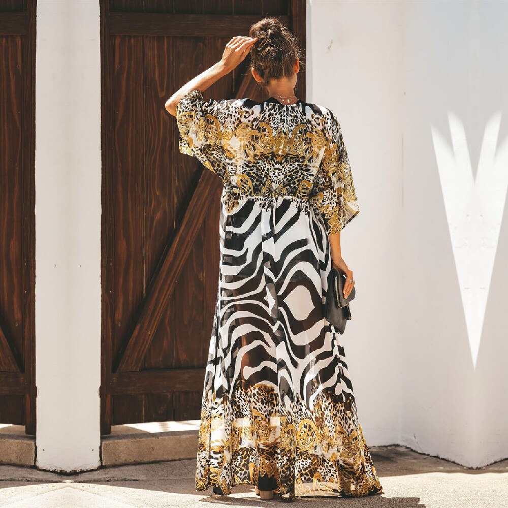 vzyzv  Bikini Cover-ups Bohemian Printed Long Kimono Cardigan Plus Size Chiffon Tunic Women Beach Wear Swim Suit Cover Up Q912