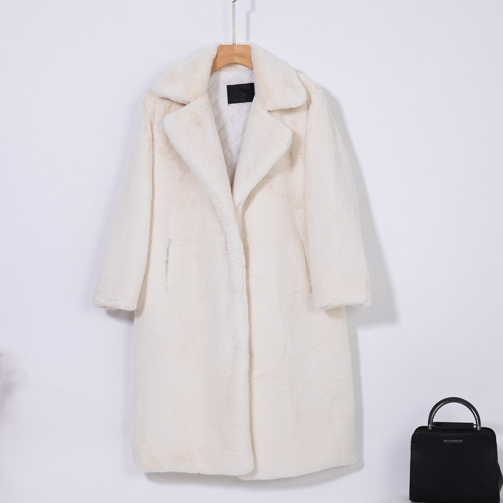 vzyzv  New Women Winter Warm Faux Fur Coat Thick Women Long Coat Turn Down Collar Women Warm Coat With Belt Casaco Feminino