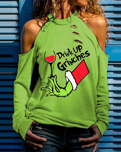 vzyzv Christmas Festival Grinches Letter Print Cutout Ladies Pullover Top Long Sleeve Sweatshirts Casual Green T-Shirts New Year