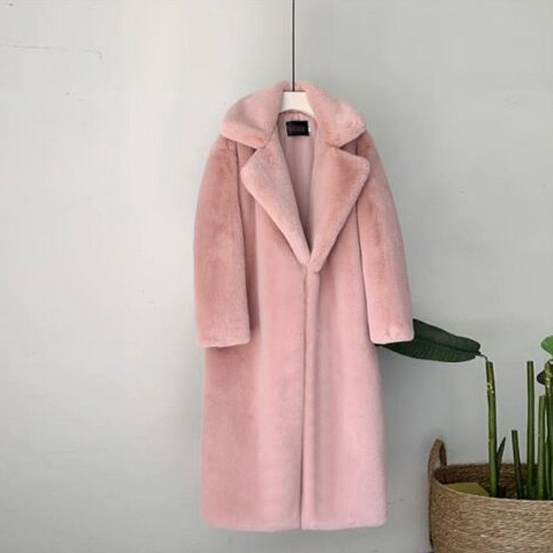 vzyzv  New Women Winter Warm Faux Fur Coat Thick Women Long Coat Turn Down Collar Women Warm Coat With Belt Casaco Feminino