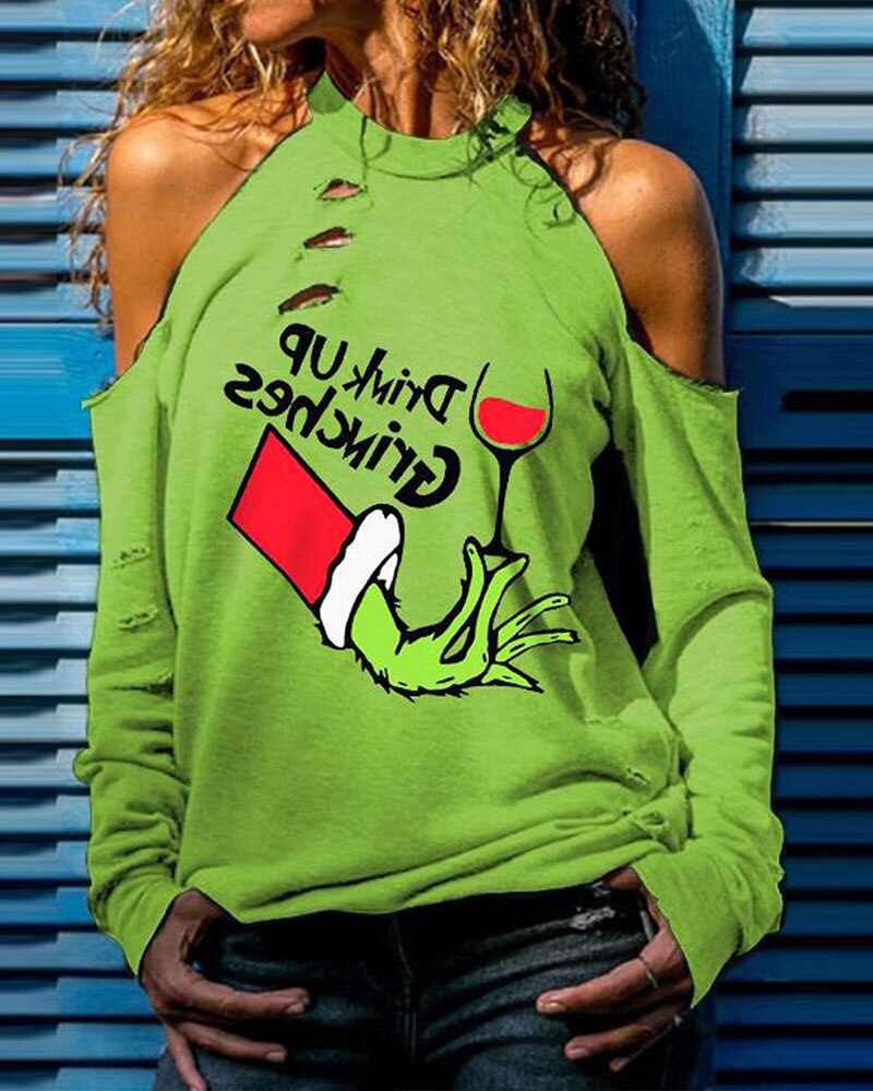 vzyzv Christmas Festival Grinches Letter Print Cutout Ladies Pullover Top Long Sleeve Sweatshirts Casual Green T-Shirts New Year