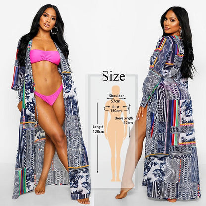 vzyzv  Bikini Cover-ups Bohemian Printed Long Kimono Cardigan Plus Size Chiffon Tunic Women Beach Wear Swim Suit Cover Up Q912