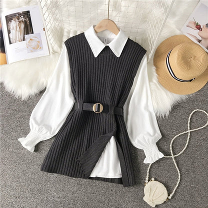 vzyzv  spring autumn women's lantern sleeve shirt knitted vest two piece sets of College style waistband vest two sets top UK900