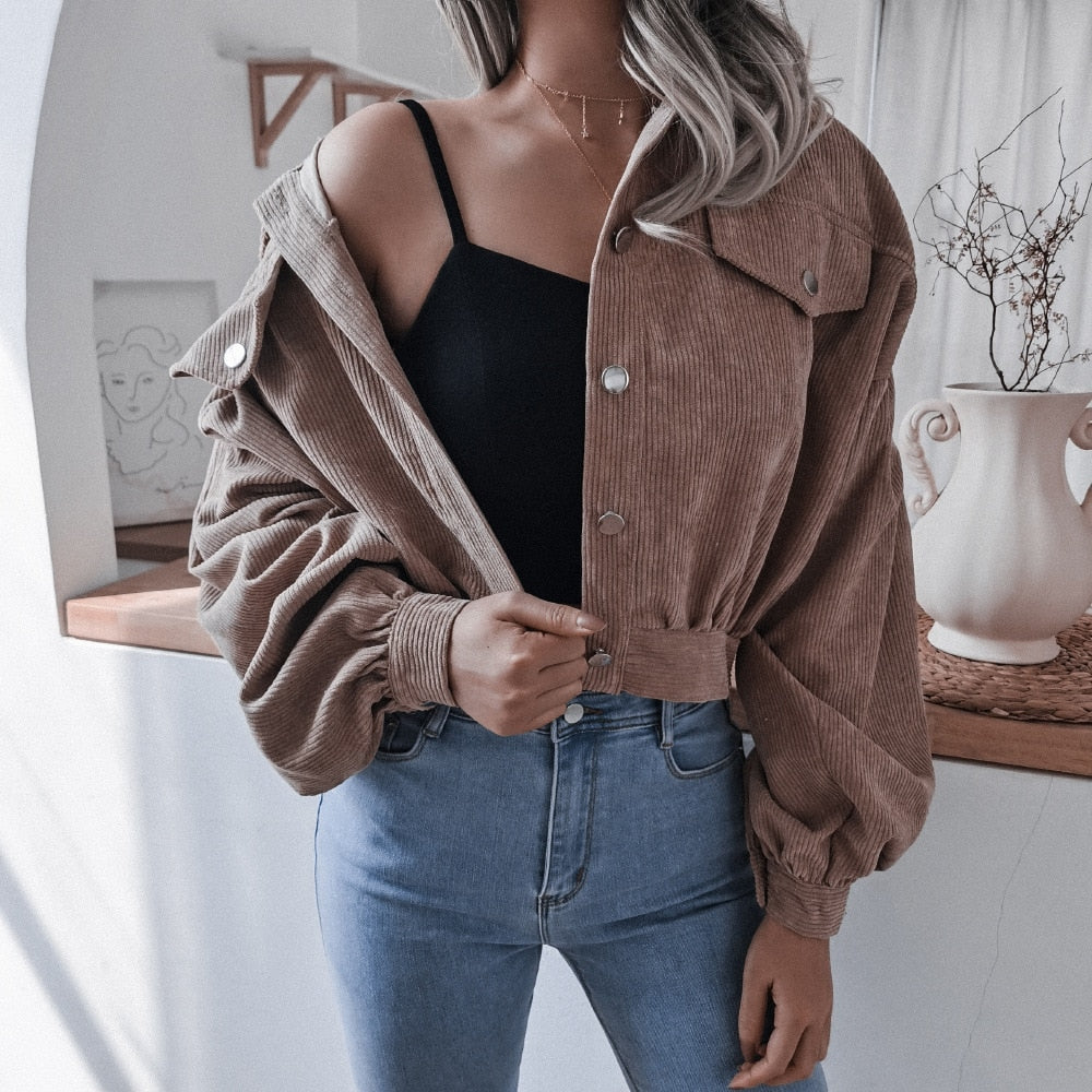 vzyzv  New Long Sleeve Women Corduroy Short Jacket Solid Color Button Pocket Crop Coat Long Puff Sleeve Outwear Pockets Top