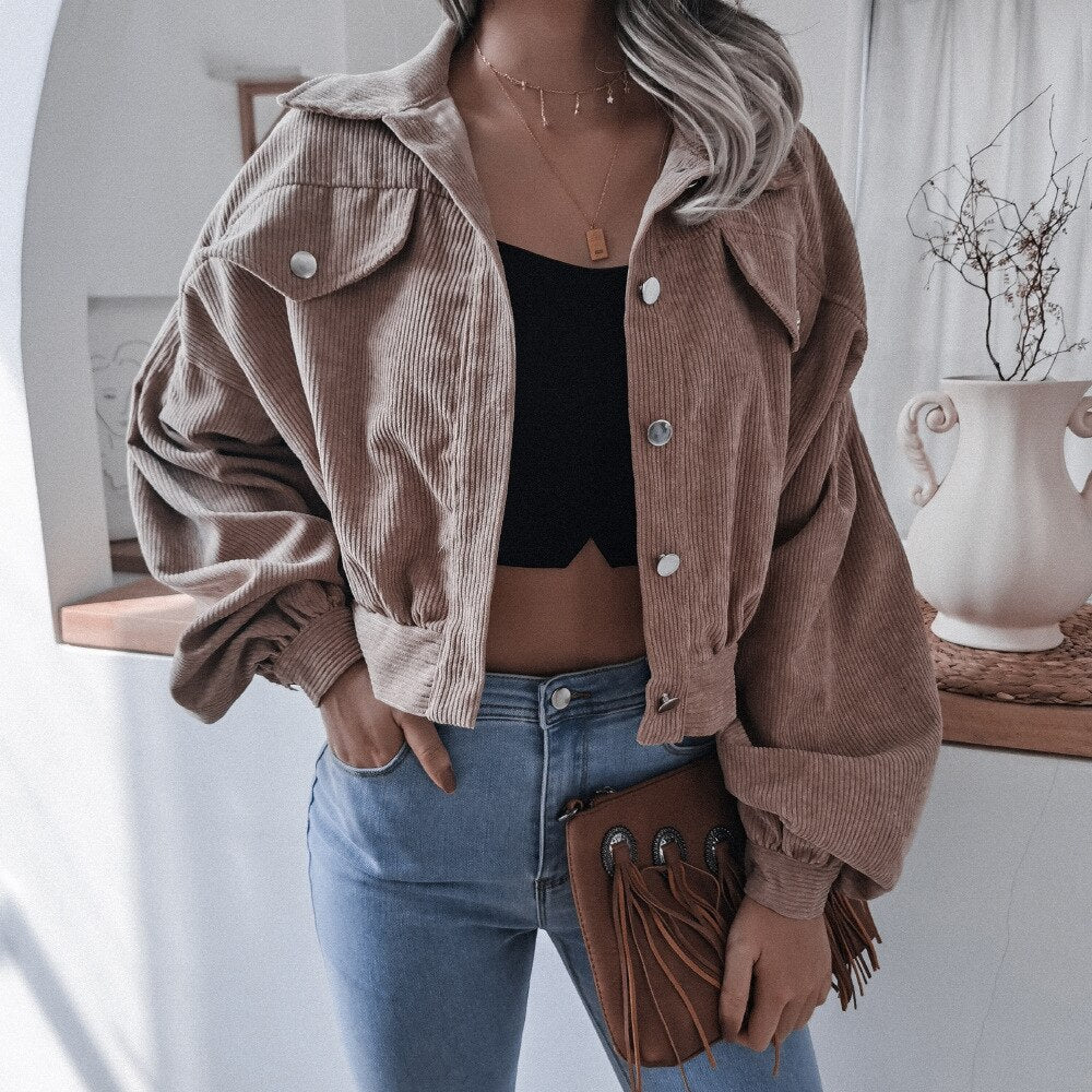 vzyzv  New Long Sleeve Women Corduroy Short Jacket Solid Color Button Pocket Crop Coat Long Puff Sleeve Outwear Pockets Top