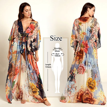 vzyzv  Bikini Cover-ups Bohemian Printed Long Kimono Cardigan Plus Size Chiffon Tunic Women Beach Wear Swim Suit Cover Up Q912