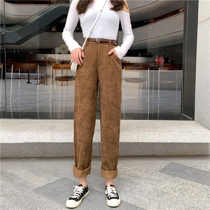 vzyzv Spring New Women's Casual Loose Corduroy Wide Leg Pants Fashion Full Length Trousers With Sashes Female Bottoms B01308O