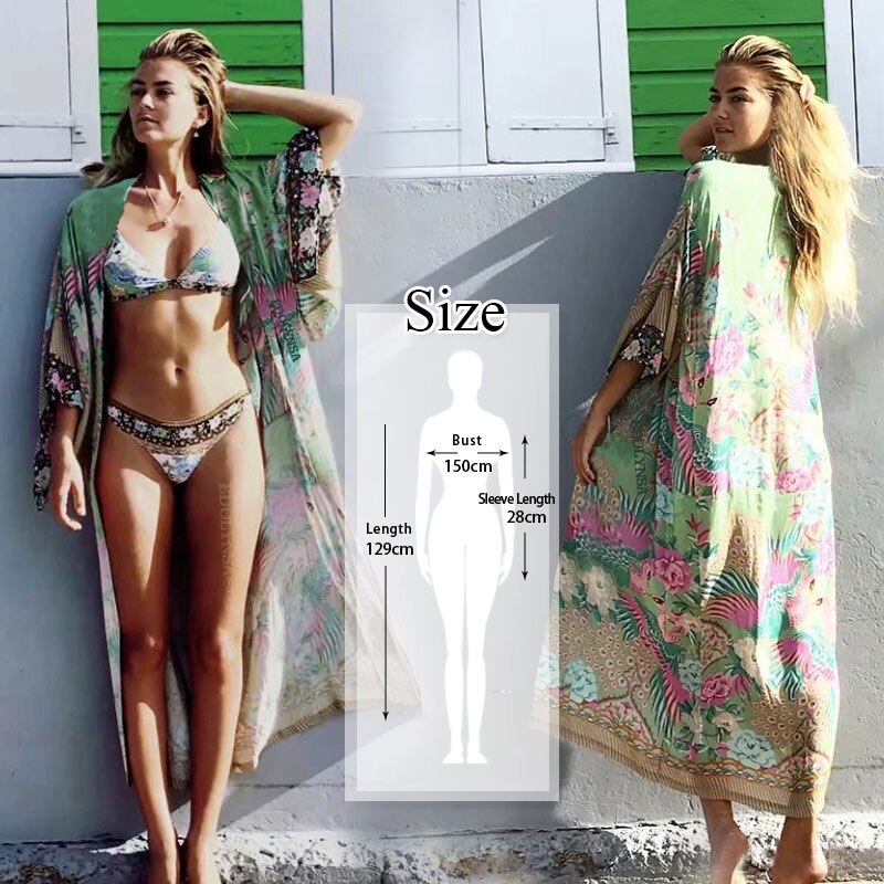 vzyzv  Bikini Cover-ups Bohemian Printed Long Kimono Cardigan Plus Size Chiffon Tunic Women Beach Wear Swim Suit Cover Up Q912