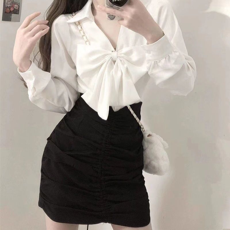 vzyzv  New Spring 2 Piece Skirts Set Women Long Sleeve V-neck Loose Bow Shirt + Mini Skirts Sweet Fashion Suit Korean  Clothing
