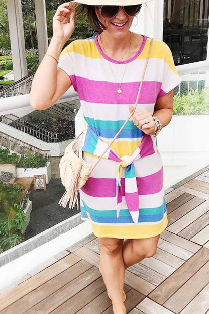 vzYzv vzyzv Rainbow Striped Knot Design Mide Dress