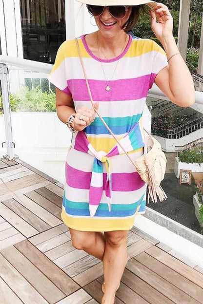 vzYzv vzyzv Rainbow Striped Knot Design Mide Dress